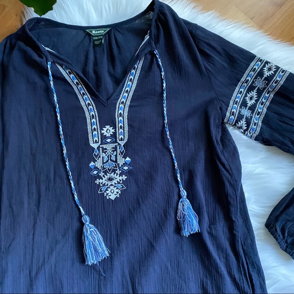 ROOTS Blue Rimby Embroidered Boho Peasant Long Sleeve Dress - Picture 5 of 10